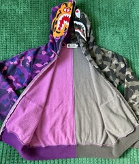 BAPE Split Camo Tiger Shark Full Zip Hoodie Purple Green Size M Broken Zipper