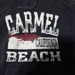 BLUE 84, Dark Blue Hoodie. Carmel Beach CA. Size Small. Unisex. faded. Good Cond