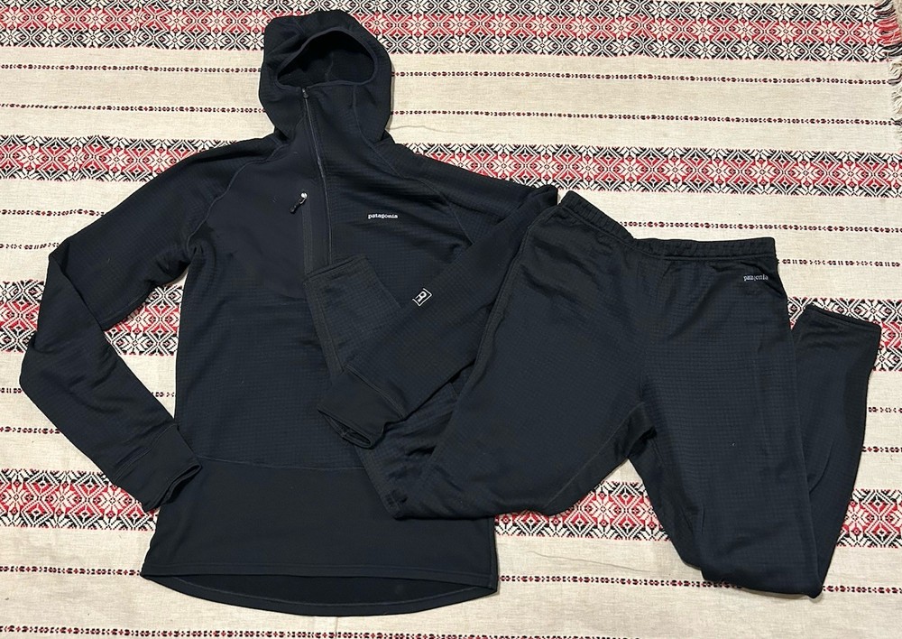 VTG Patagonia R1 Black Waffle Grid Fleece Polartec 1/2 Zip 2 Pc Sz M