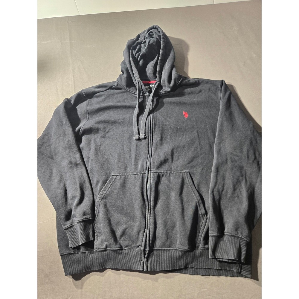 US Polo Assn Mens 2XL Full Zip Hoodie Black Red Logo Embroidered Sweatshirt