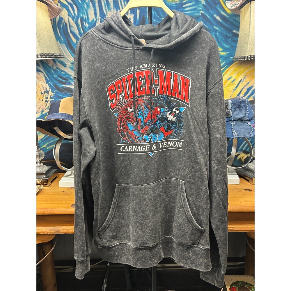 Marvel Spider-Man Carnage Venom Acid Wash Lightweight Hoodie Men’s Medium Gray