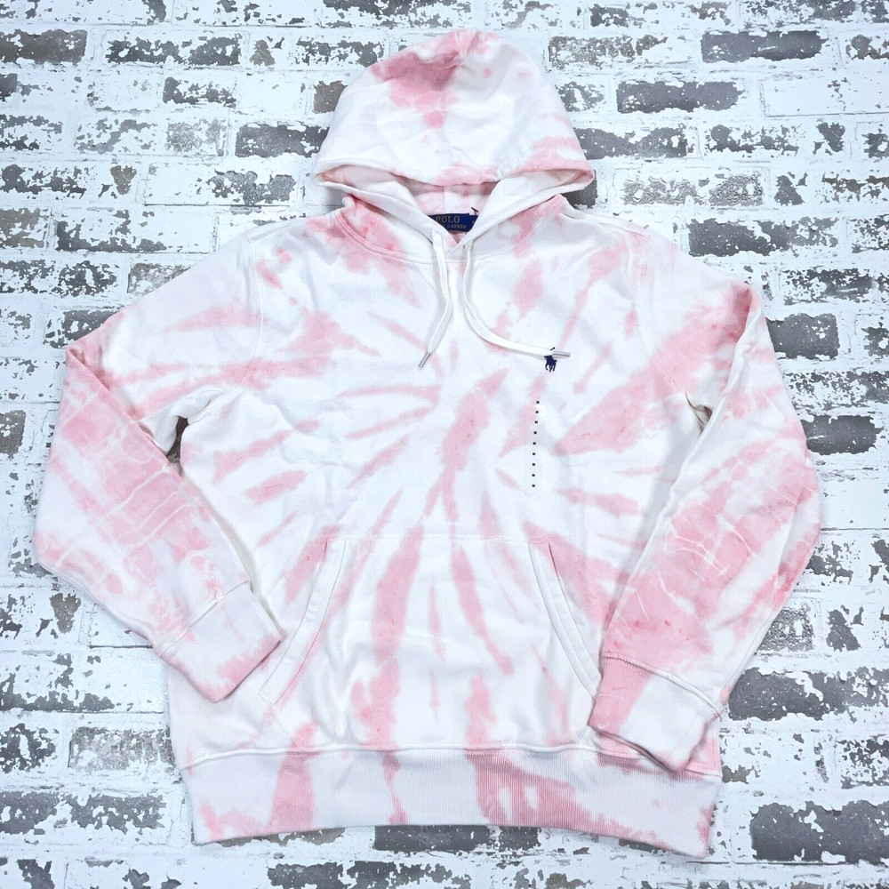 Polo Ralph Lauren Hoodie Men Medium Pink White Sweatshirt Sweater Tie Dye Pony