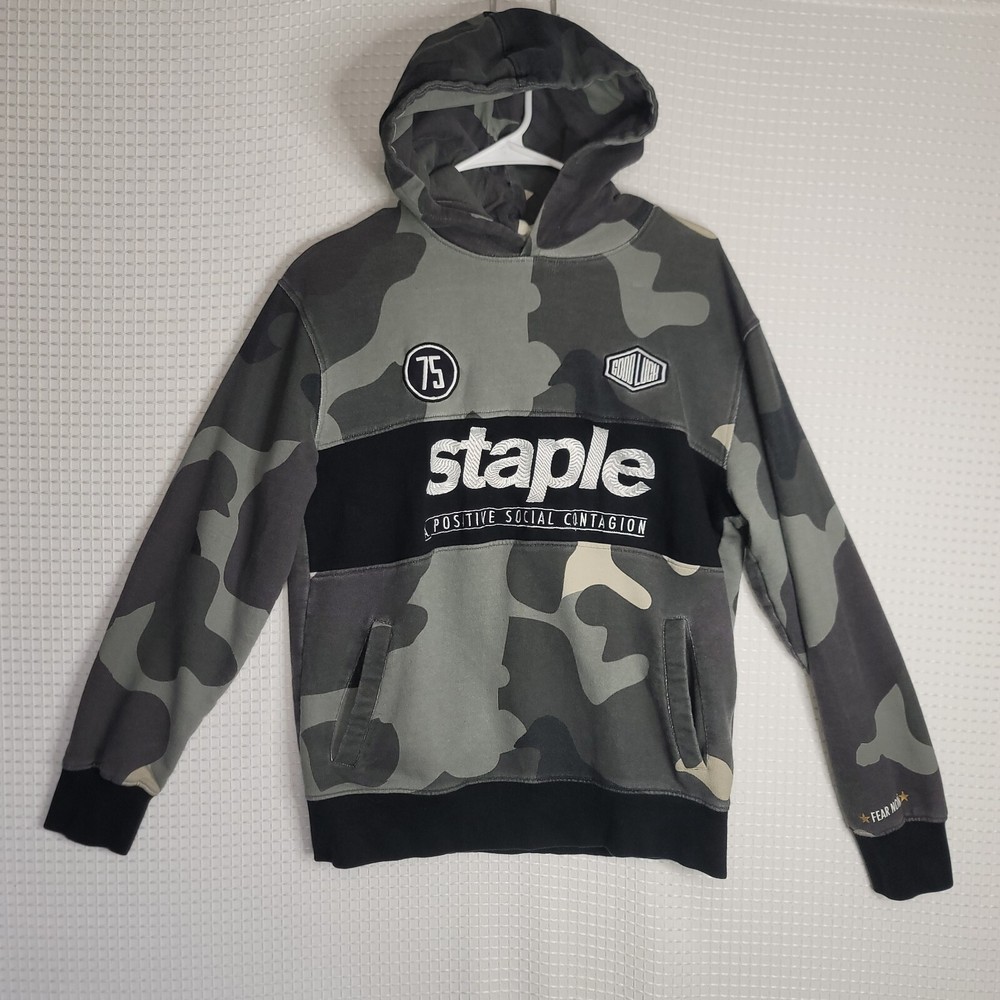 EUC STAPLE Camo Hoodie Size M Logo GOOD LUCK FEAR NONE POSTIVE SOCIAL CONTAGION