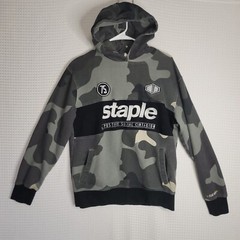 EUC STAPLE Camo Hoodie Size M Logo GOOD LUCK FEAR NONE POSTIVE SOCIAL CONTAGION