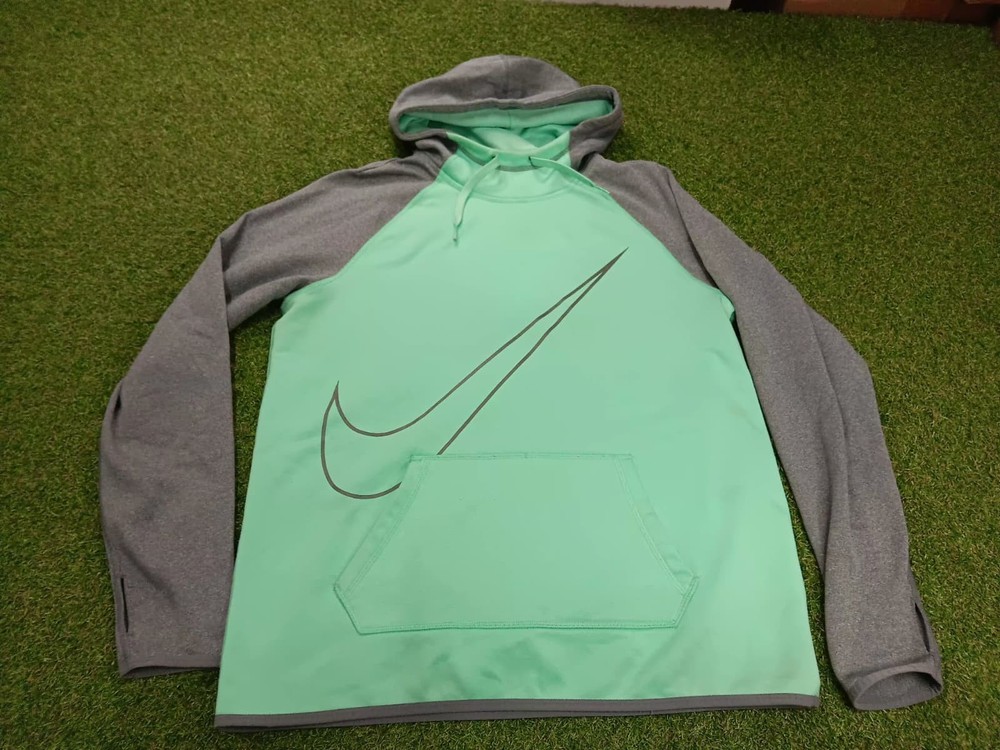 Nike Hoodie Mens Large Mint Green Gray Swoosh Logo Fleece Lined Thumbhole Sleeve