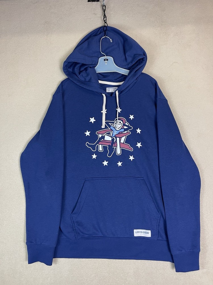 Life Is Good Hoodie Mens L Blue Graphic Print Regular Fit Long Sleeve Pullover