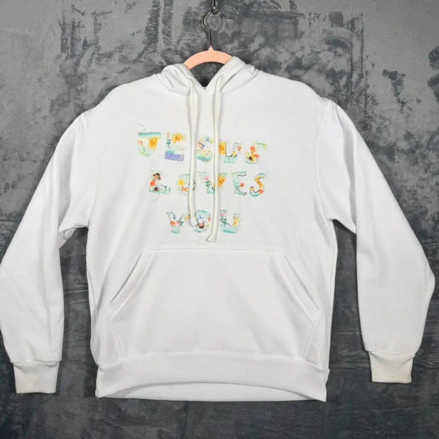 Vapor Apparel Jesus Loves You Hoodie Unisex Size S White Patchwork Graphic
