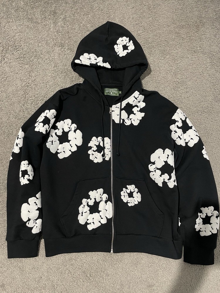 AUTHENTIC Denim Tears Full Zip Hooded Hoodie Black/White Floral Print Size M