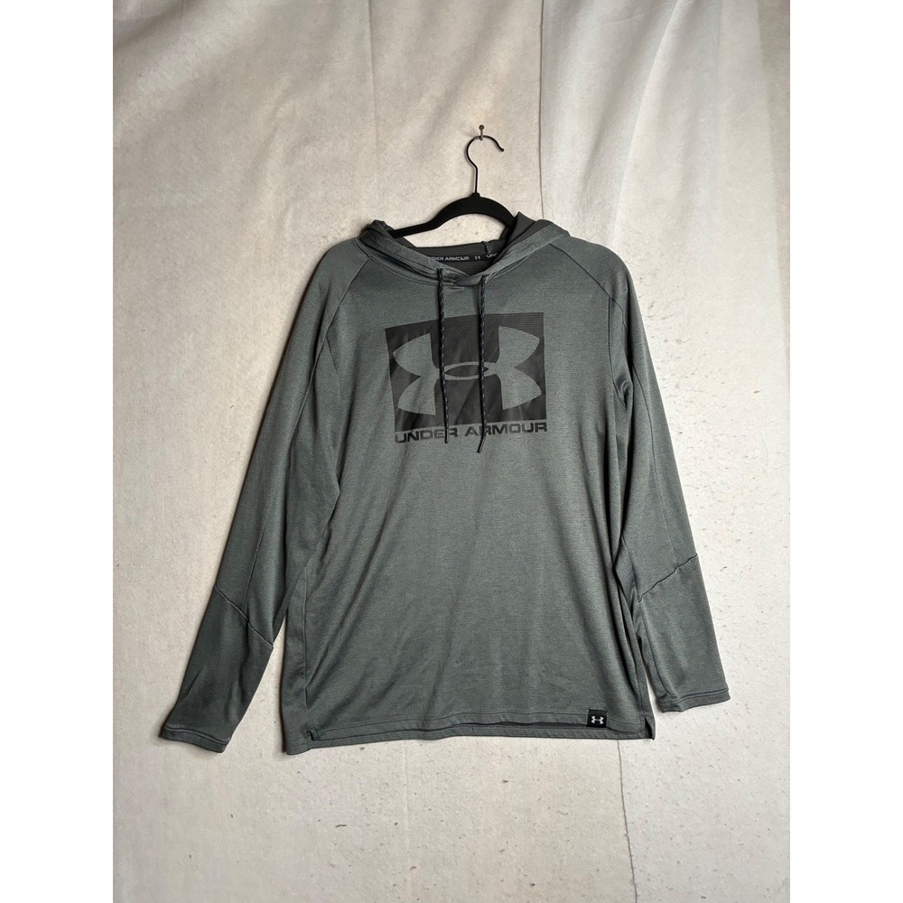 Under Armour Mens Large Gray Long Sleeve Hooded Graphic Logo Training Shirt LG