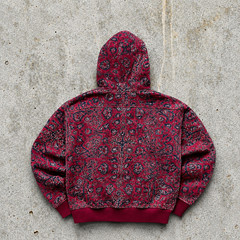 Men’s Y2K Paisley Full Zip Hoodie Burgundy Cotton Blend Streetwear Jacket