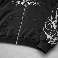 Men’s Gothic Tribal Graphic Zip-Up Hoodie Oversized Washed Black S–2XL