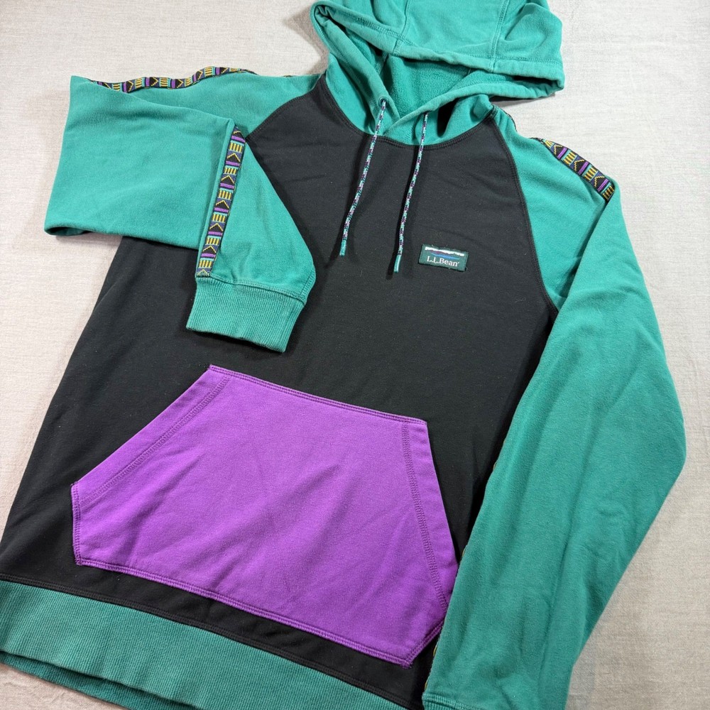 LL Bean Hoodie Mens Small S Green Black Purple Excellent Colorblock Aztec Trim