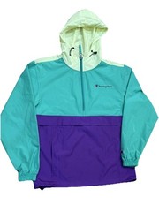90s Champion Color Block Purple Green Teal Hooded Windbreaker MensTag Size XS