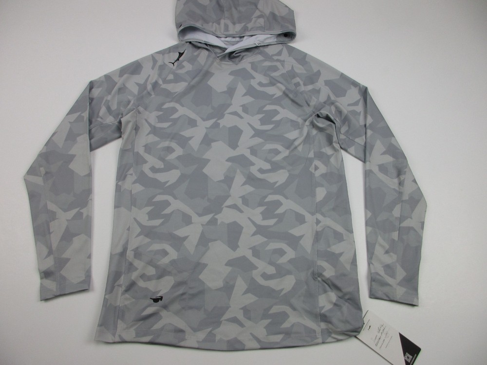Mens Small Billfish Gear 40+ UPF Hoodie camo pullover fishing gray white