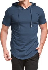 NEW Mens Short Sleeve Cotton Casual Shirt Sport Hooded Pullover Navy Blue Size L