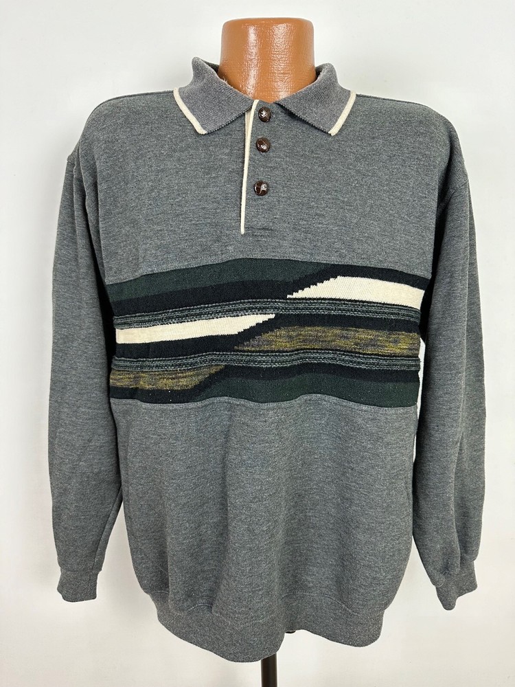Vintage Grandpa Sweatshirt Mens XL Heather Gray Polo Collar 90s Vaporwave Knit