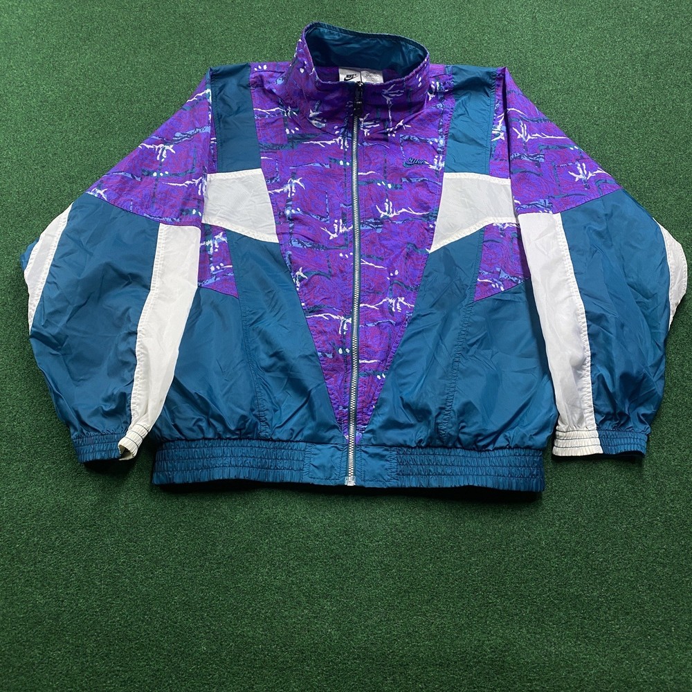 Vintage Nike Windbreaker Mens L Blue Purple 80S 90S Full Zip Color Block Coat