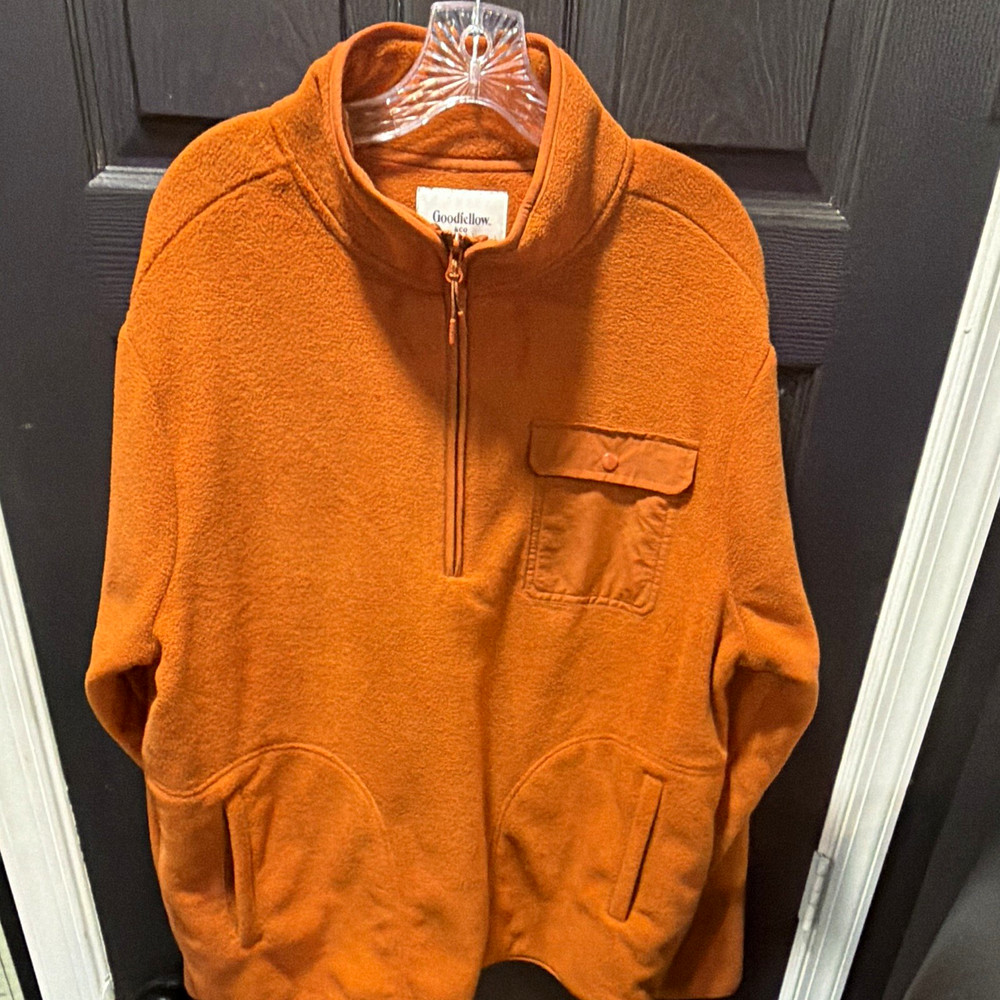 Goodfellow & Co Men’s Orange Mock Neck 1/4 Zip Fleece Pullover Pockets XL