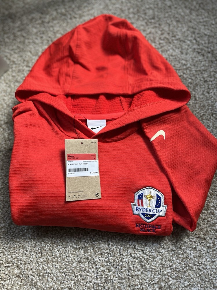 Nike Dri Fit Tour Lightweight Hoodie 2025 Ryder Cup Bethpage Black – Red Size L
