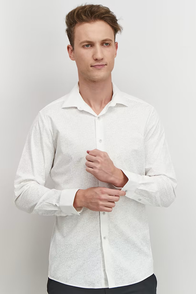 BAR III White on White Coral Design Long Sleeve Slim Fit Shirt Small 14 14-1/2