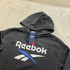 Reebok Identity Fleece Hoodie Mens Medium Black Classic Fit Stacked Logo NEW