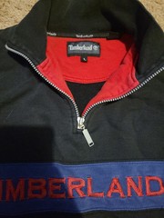 90s Vintage TIMBERLAND 1/4 Zip Spellout Striped Sweatshirt 100% Cotton Large