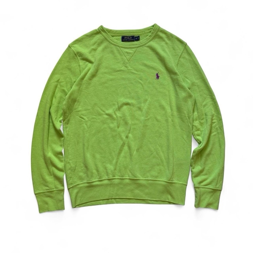 Polo Ralph Lauren Mens Lime Green Crewneck Sweatshirt Purple Pony Logo Size M
