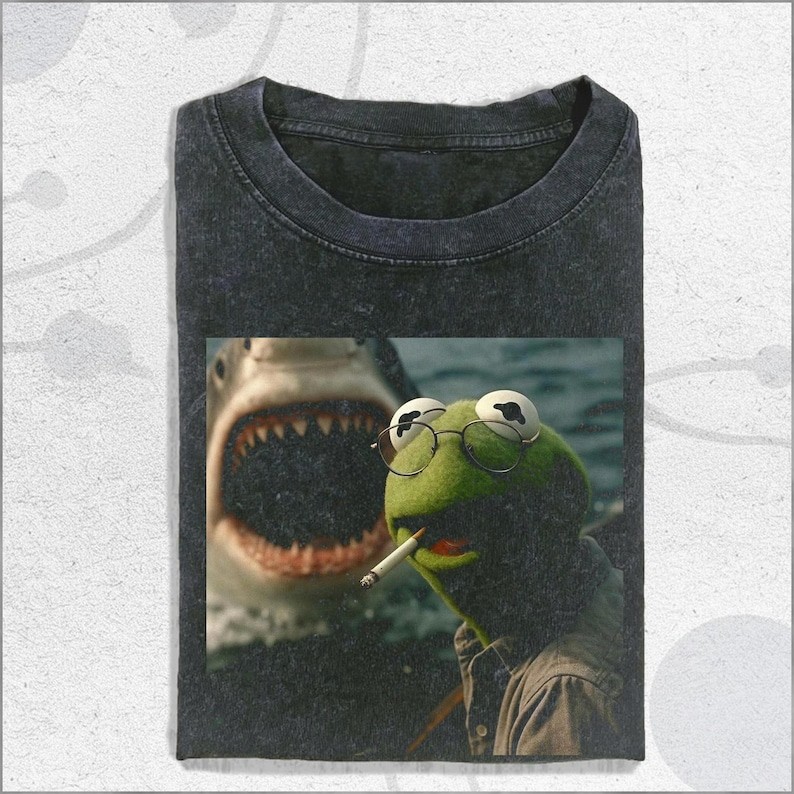 Vintage Washed Dark Humor Shirt, Smoking Frog Meme Tee, Shark Attack Parody T-Sh
