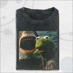 Vintage Washed Dark Humor Shirt, Smoking Frog Meme Tee, Shark Attack Parody T-Sh