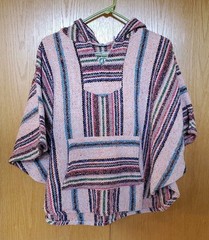 Baja Joe Poncho Hoodie Size Large Pink Multicolor Woven Mexican Baja Pullover