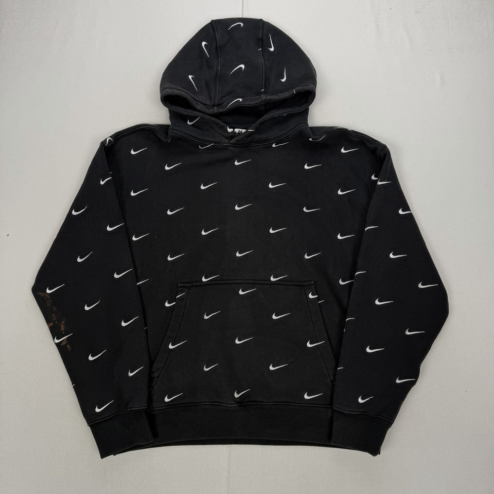 Nike NRG All Over Swoosh Logo Hoodie Black White Swoosh Embroided Swoosh Medium