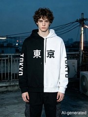 Niepce Men’s Black White Split Color Block Hoodie Japanese Tokyo Kanji Pullover