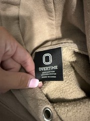 Overtime Beige Graphic Fleece Pullover Hoodie w/ Logo, Pockets Men’s L