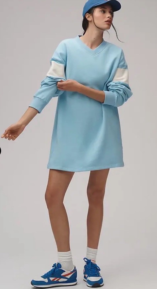 Free People Long Sleeve V Neck Fleece Mini Dress Graphic Baltic Sea S NEW