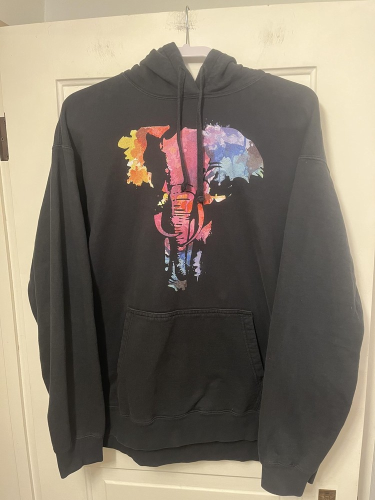 Colorful Elephant Graphic Sweatshirt Mens XL Black Port & Company Hoodie Outdoor