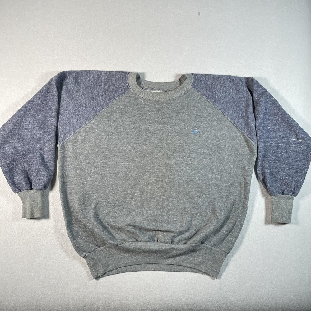 Vintage 70s 80s Sweatshirt Mens Large Gray Blue Color Block Raglan Pullover