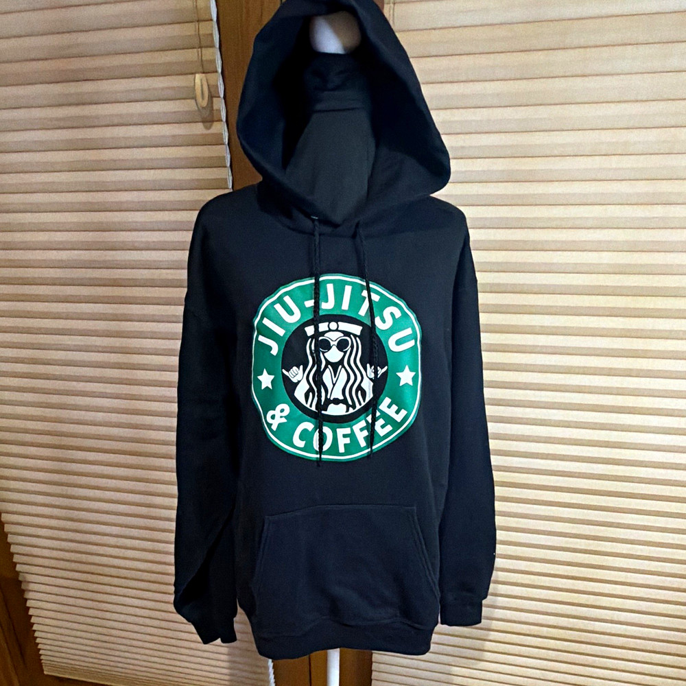 Hanes Black Pullover Hoodie Jiu-Jitsu & Coffee Graphic Print Fleece Size M