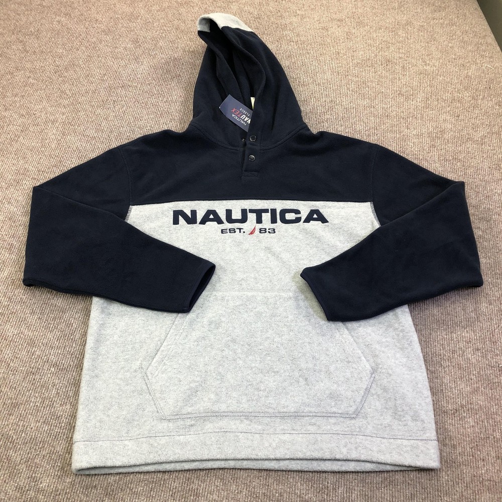 Nautica Hoodie Sweatshirt Mens Medium Blue Gray NAUTEX Fleece Pullover Logo