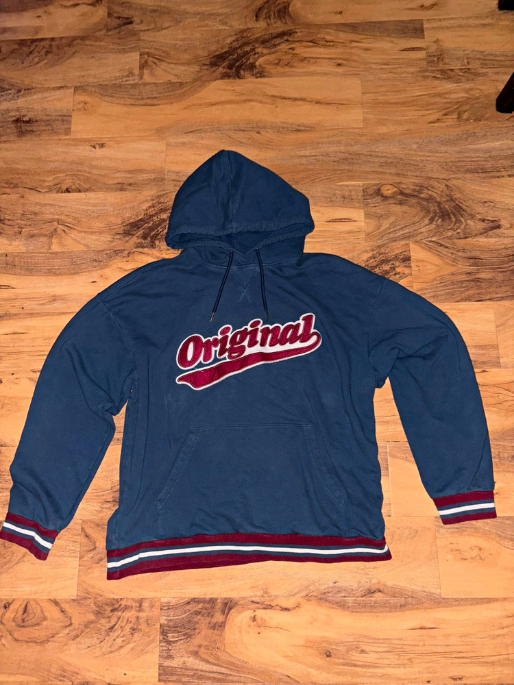 Original Use Men’s Blue Fleece Pullover Hoodie Logo Graphic Pockets Drawstring L