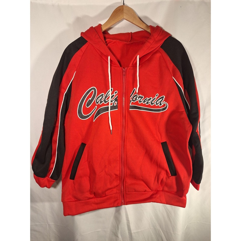 SHEIN Mens California Graphic Zip Up Hoodie Red Black White Sporty 1XL NEW