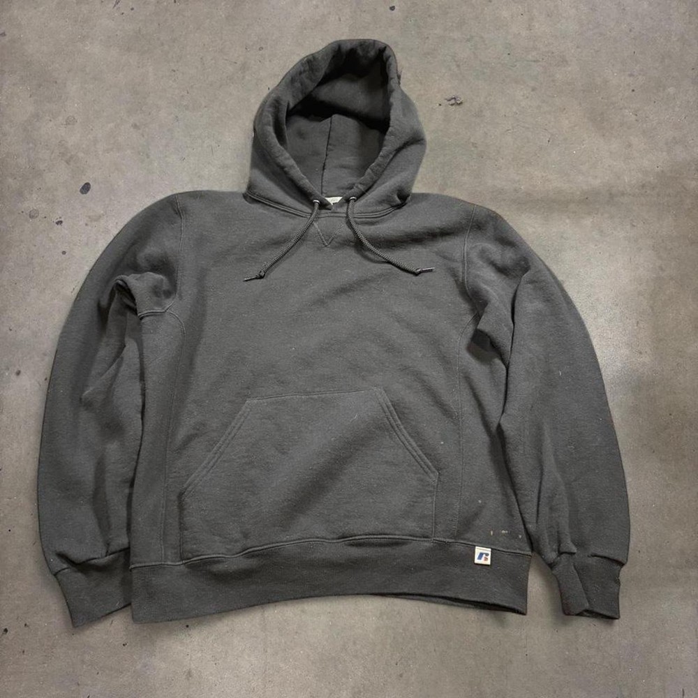 Russell Athletic Black Pullover Hoodie Mens Medium Y2K Plain Sweatshirt