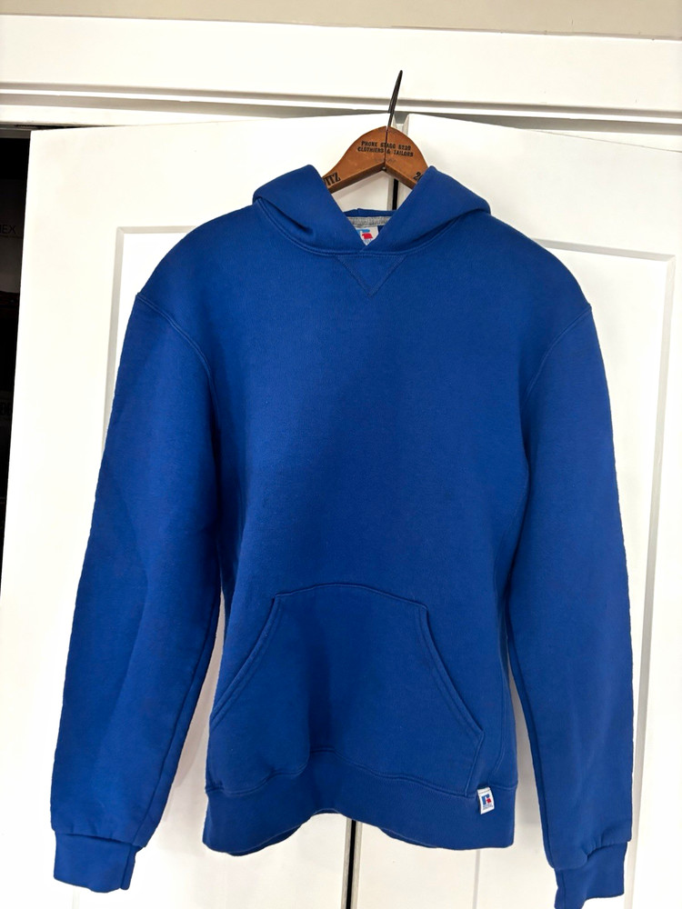 Russell Athletic Teens XL Blue Pullover Hoodie Fleece Cotton Blend Logo Pockets