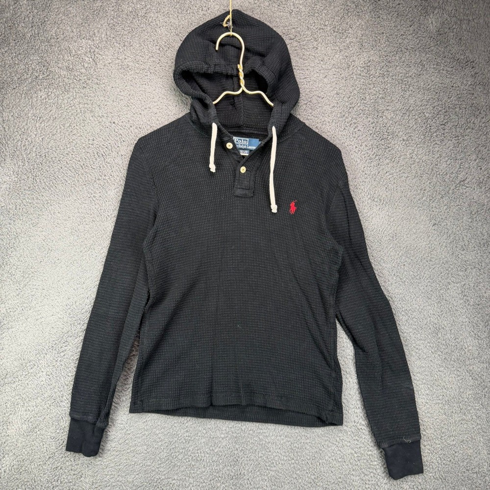 Polo Ralph Lauren Mens Small Black Waffle Knit Thermal Hoodie Red Pony Logo