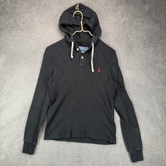 Polo Ralph Lauren Mens Small Black Waffle Knit Thermal Hoodie Red Pony Logo