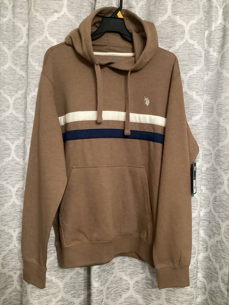 US Polo Assn Striped Brown Pullover Hoodie Fleece Men’s Size S Cotton Blend NEW