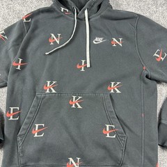 Nike Hoodie Mens Medium Black Allover Letter Swoosh Pullover Fleece Sweatshirt