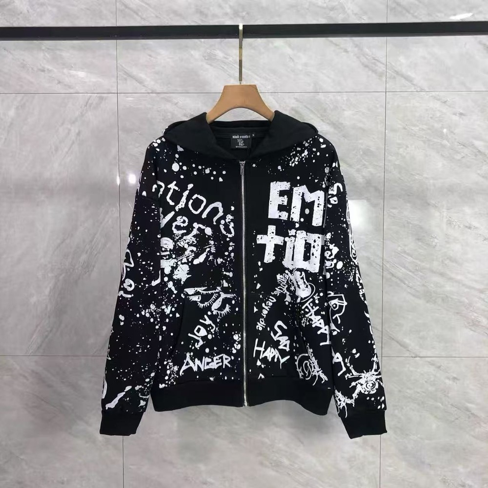 Mixed Emotion – Printed Lettering Print Zippered Hooded Sweatshirt
