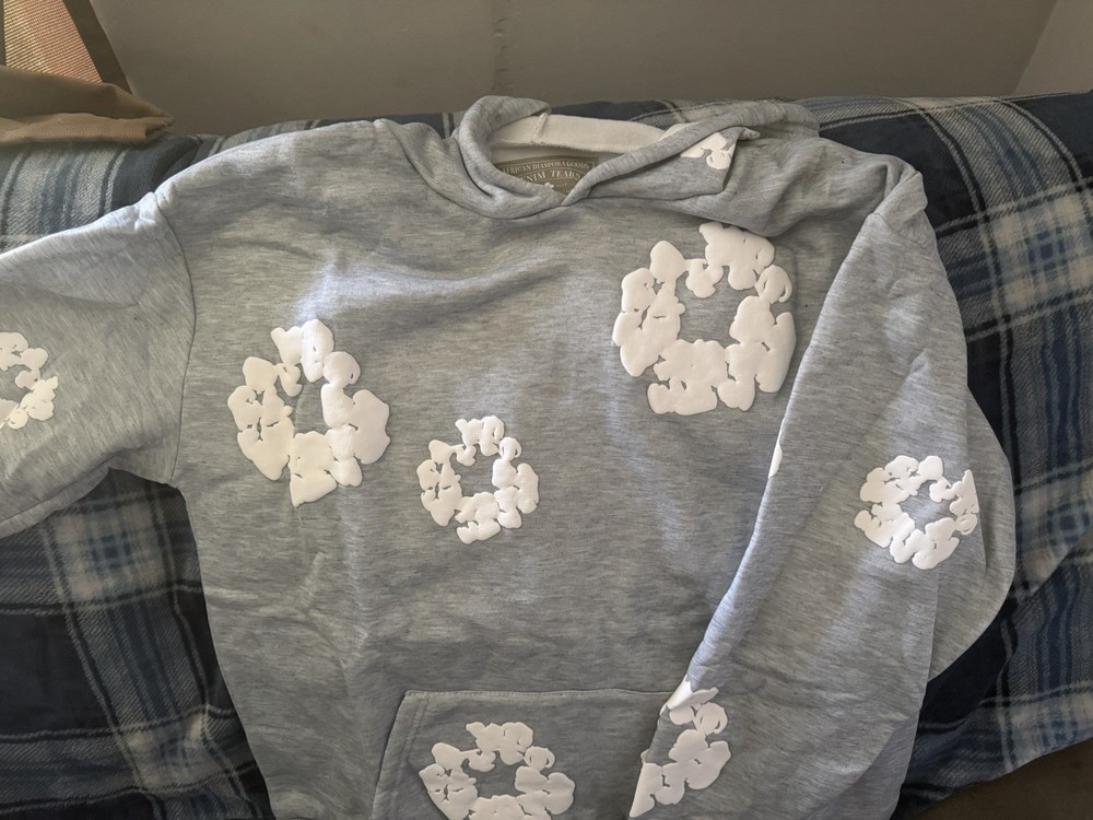Designer 1:1DENIM Gray White Graphic Print Pullover Hoodie M Long Sleeve Pockets