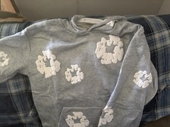 Designer 1:1DENIM Gray White Graphic Print Pullover Hoodie M Long Sleeve Pockets
