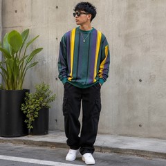 Cotton On Loose Fit Sweatshirt Mens Medium Green Purple Yellow Striped Crewneck